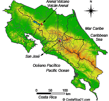 Mapa de ubicación del Volcán Arenal en Costa Rica
